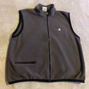 Champion Fleece Vest Mens Large‎ Gray Full Zip Sleeveless Pockets Athletic Logo